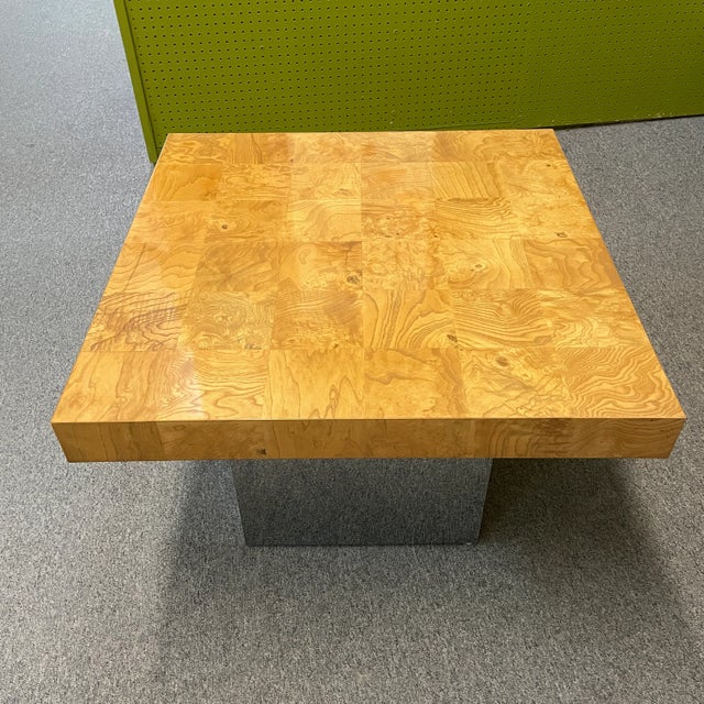 Thayer Coggin Milo Baughman for Thayer Coggin Burled Olive Wood + Chrome Side Table C. 1970s For Sale - Image 4 of 12