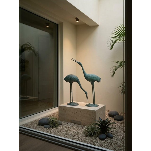 A Pair of Vintage Patinated Bronze Crane Garden Sculptures For Sale In West Palm - Image 6 of 12