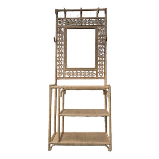 Vintage Rattan & Wicker Hall Tree With Woven Mirror & Shelving For Sale