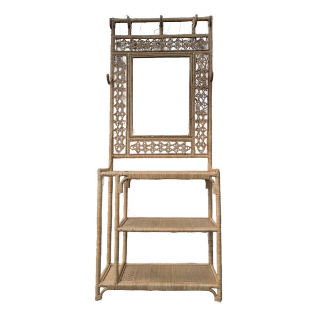 Vintage Rattan & Wicker Hall Tree With Woven Mirror & Shelving For Sale