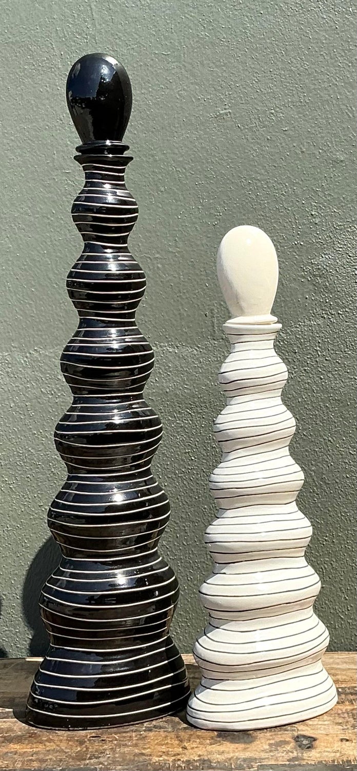 Vintage Tall Striped Studio Pottery Vases - Set of 2 - Side view