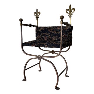 Vintage Italian Wrought Iron Savonarola Chair With Brass Fleur-De-Lis Finials For Sale