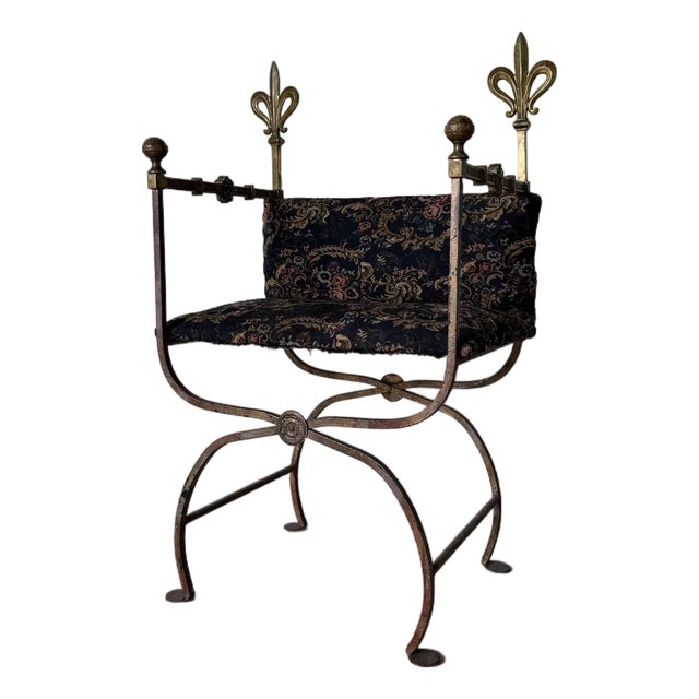 Vintage Italian Wrought Iron Savonarola Chair With Brass Fleur-De-Lis Finials For Sale