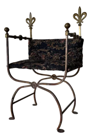 Vintage Italian Wrought Iron Savonarola Chair With Brass Fleur-De-Lis Finials