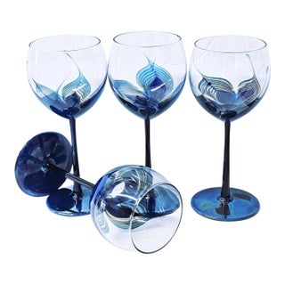 Randy Strong Signed Cobalt Blue Feather Floral Wine Goblets, Set of 4, 1980 For Sale