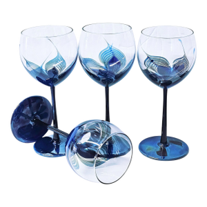 Randy Strong Signed Cobalt Blue Feather Floral Wine Goblets, Set of 4, 1980