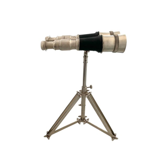 Binoculars Chrome Double Lenses on Tripod Stand Vintage Nautical Office Decor For Sale - Image 4 of 9