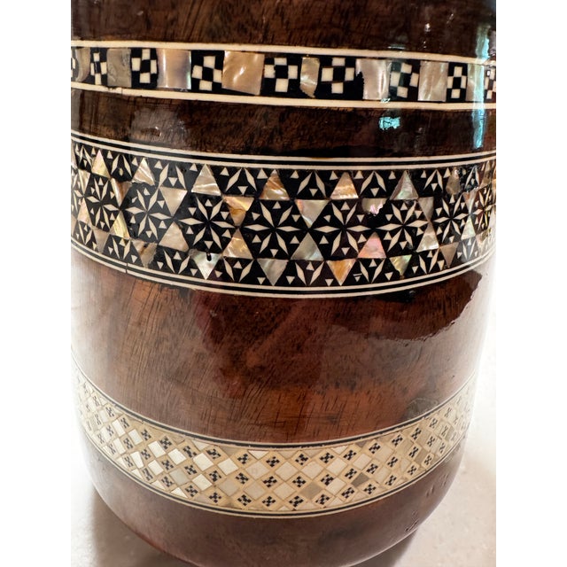 Antique Handcrafted Mother-of-Pearl Inlaid Heavy Wood Vase. 12 in/30.5 Cm For Sale In Pittsburgh - Image 6 of 12