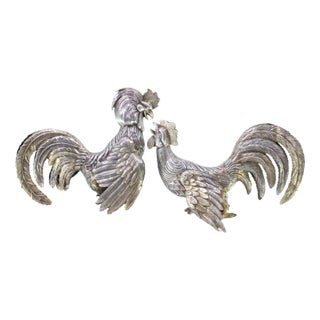 Silver Fighting Cocks with Reliefs, Set of 2 For Sale