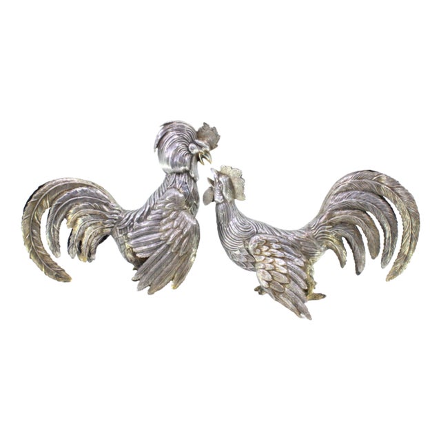 Silver Fighting Cocks with Reliefs, Set of 2 For Sale