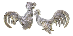 Silver Fighting Cocks with Reliefs, Set of 2