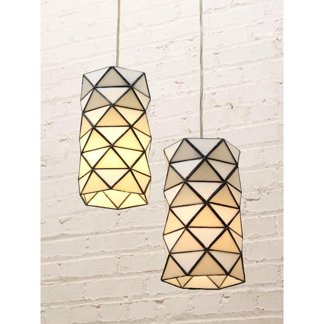Late 20th Century Vintage Geometric Stained Glass Hanging Pendant Lights - a Pair For Sale - Image 5 of 5