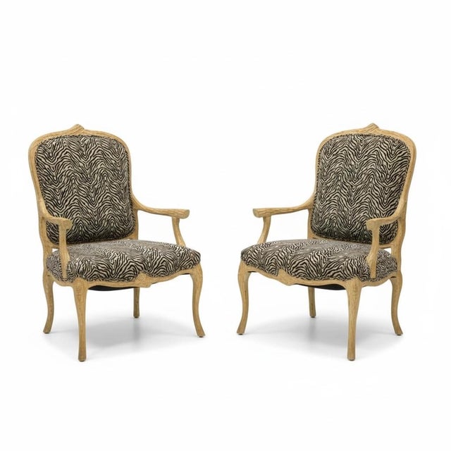 Italian Carved Faux Bois Cerused Bergère Chairs in Zebra Fabric - Pair For Sale - Image 4 of 7
