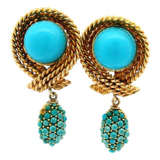 1970s Pair of Italian 14k Gold Turquoise Rope Motif Drop Earrings For Sale