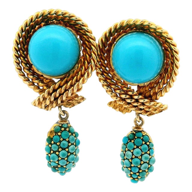 1970s Pair of Italian 14k Gold Turquoise Rope Motif Drop Earrings For Sale