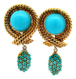 1970s Pair of Italian 14k Gold Turquoise Rope Motif Drop Earrings
