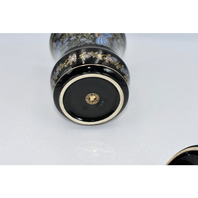 Black 1970s Anapale Greece Back Lidded Canister Jar 24k Gilded Hand Painted Peacock Birds For Sale - Image 8 of 9