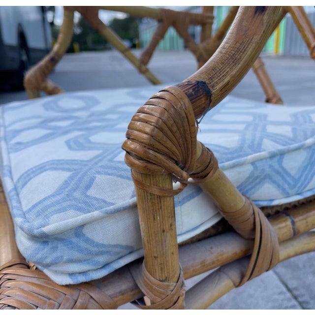 Coastal Chinese Chippendale Fretwork Bamboo Armchair Desk Chair With Cushion For Sale - Image 3 of 8