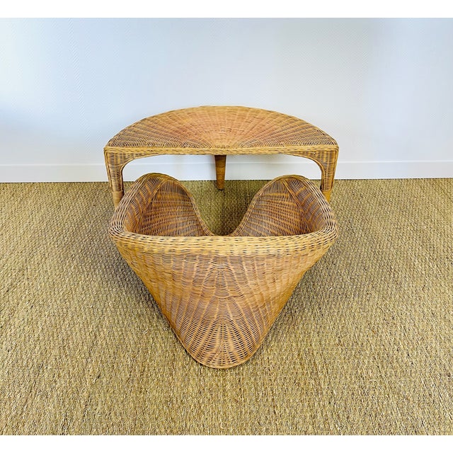 Vintage Sculptural Lotus Meditation Chair and Half-Moon Table in Rattan, 1970s, Set of 2 For Sale - Image 15 of 18