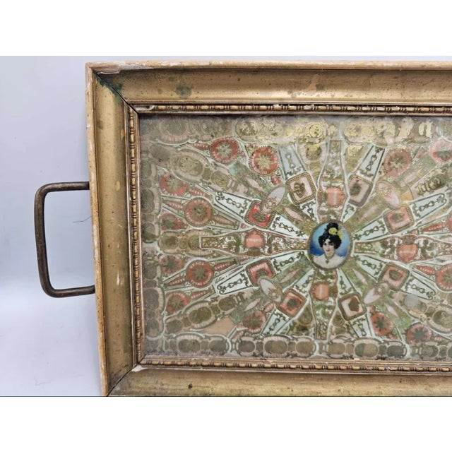 Pre-war wooden tray with cigar bands, dimensions: height to brass handles 4.2 cm, height of the tray itself 2.7 cm, width...