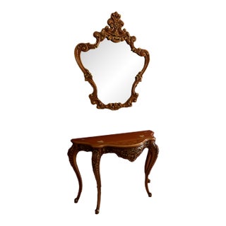 Mid-Century French Rococo Console Table & Matching Wall Mirror Set – Hand-Painted & Signed by H. Breckelschmidt For Sale