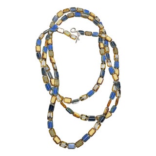 1990s Stefanie Wolf 60” Very Long Artisan Strand "Picasso" Finish Rectangular Glass Tile Bead Necklace For Sale