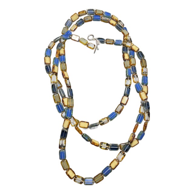 1990s Stefanie Wolf 60” Very Long Artisan Strand "Picasso" Finish Rectangular Glass Tile Bead Necklace For Sale
