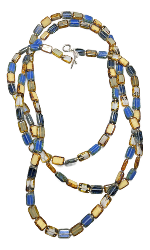 1990s Stefanie Wolf 60” Very Long Artisan Strand "Picasso" Finish Rectangular Glass Tile Bead Necklace