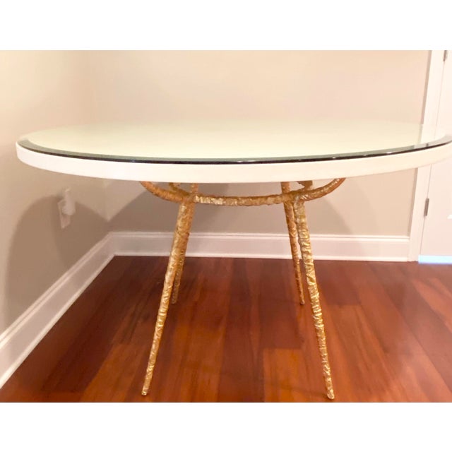 Modern Late 20th Century Made Goods Grace Pitted Iron Dining Table in Faux Belgian Linen For Sale - Image 3 of 9