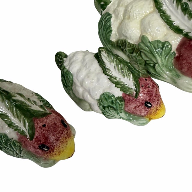 French Country Vintage Vietri “Spring Vegetables” Rabbit Butter Cover and Salt and Pepper Shakers, Made in Italy - Set of 3 For Sale - Image 3 of 5