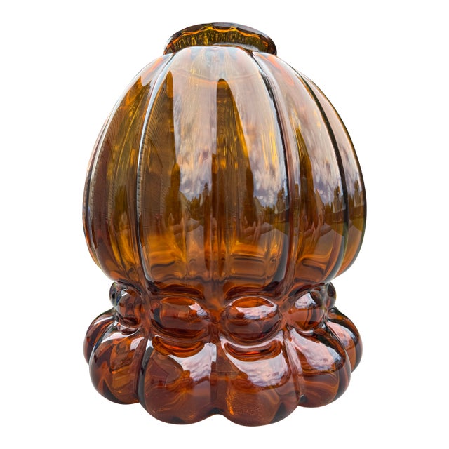 1960s Mid 20th Century Hand-Blown Amber Art Glass Pumpkin Melon Ribbed Lamp Shade 4" Fitter For Sale