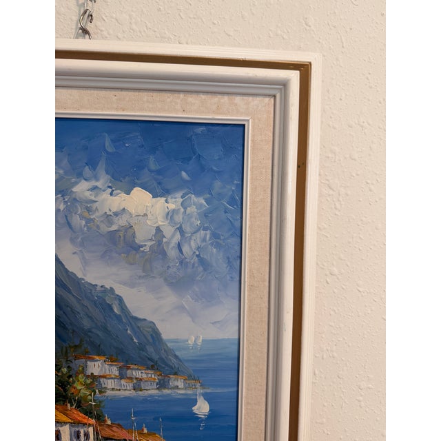 Paint Mediterranean Coastal Harbor Oil Painting Signed Rossini Framed Seascape Art For Sale - Image 7 of 10