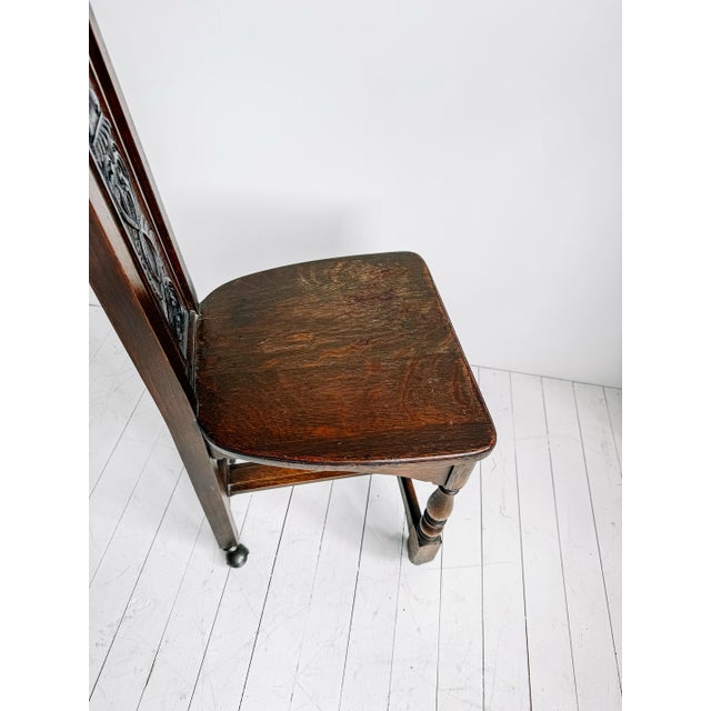 Vintage Gothic Revival Oak Hall Chair With Carved Back and Casters For Sale - Image 9 of 12