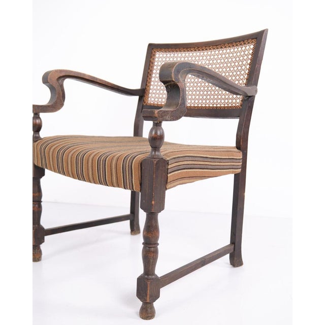 Wood Antique Oak Armchair with Upholstery and Cane, 1920s For Sale - Image 7 of 10