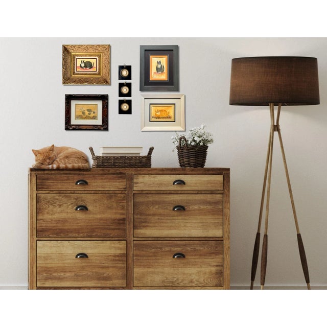 Charming original watercolor of a black and white cat. Painted in warm, earthy tones and presented in a carved vintage...