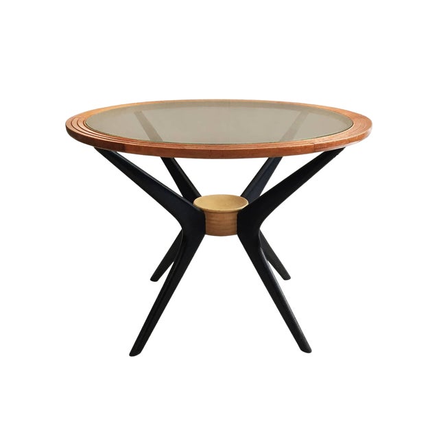 Midcentury Round Wood Side Table With Bronze Glass Top and Ebonized