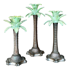 Vintage Coastal Patinated Palm Tree Candlesticks - Set of 3