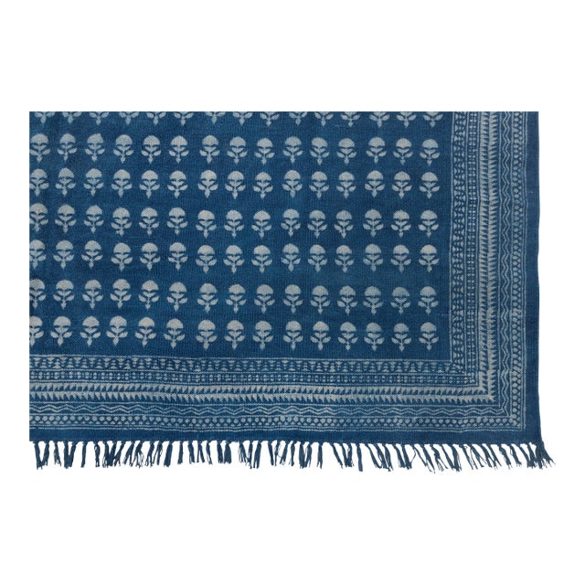 Blue White Block Printed Handmade Cotton Boho Inspired Flatweave Rug4x6 Ft. For Sale