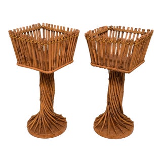 Vintage MCM Natural Rattan Plant Stands-Set of 2 For Sale
