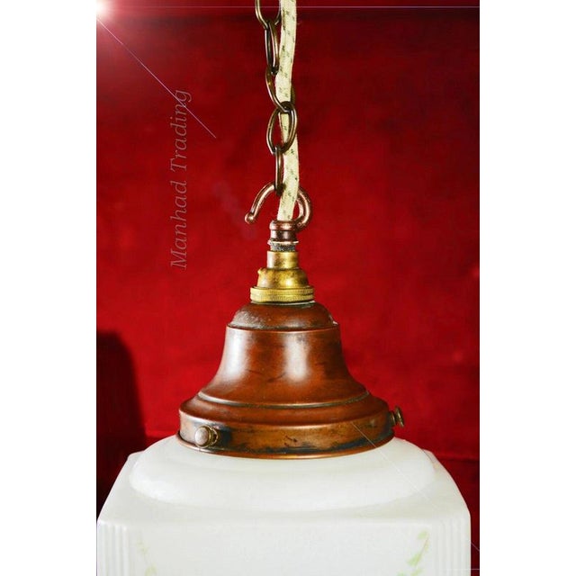 Art Deco Bronze and Hand-Painted Opaline Skyscraper Pendant Light, 1940s For Sale - Image 6 of 13
