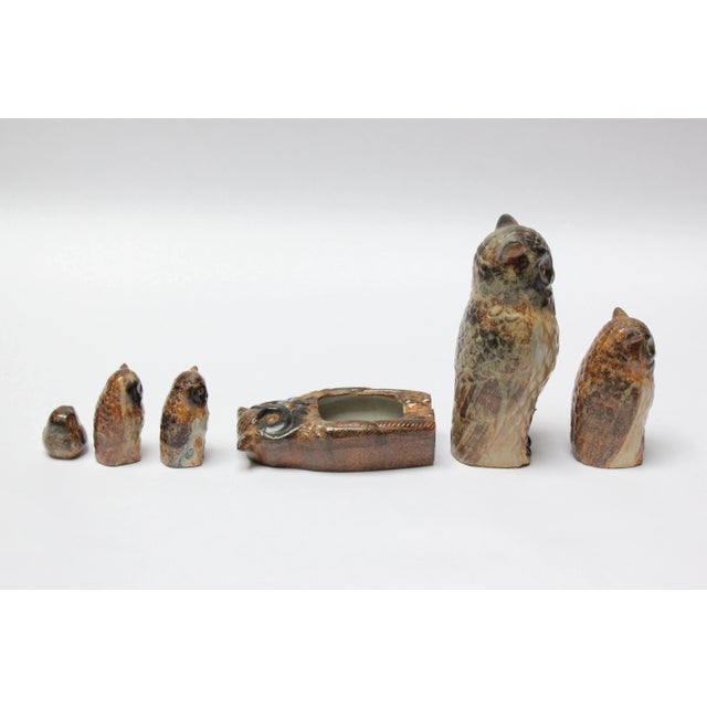 Set of six vintage Japanese owl ceramic figurines, all in the same taupe / brown / slate high gloss glaze. Includes five...