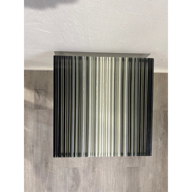 Contemporary Modern Glass Topped Table Striped Black,White, and Gray on Open Steel Base, Attributed to Modjulez For Sale - Image 3 of 11