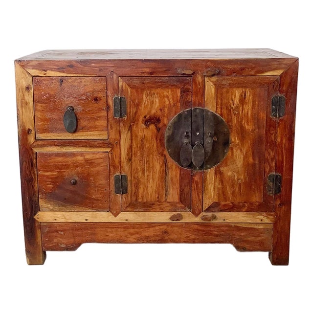 Antique Chinese Provincial Elmwood Cabinet With Iron Hardware For Sale