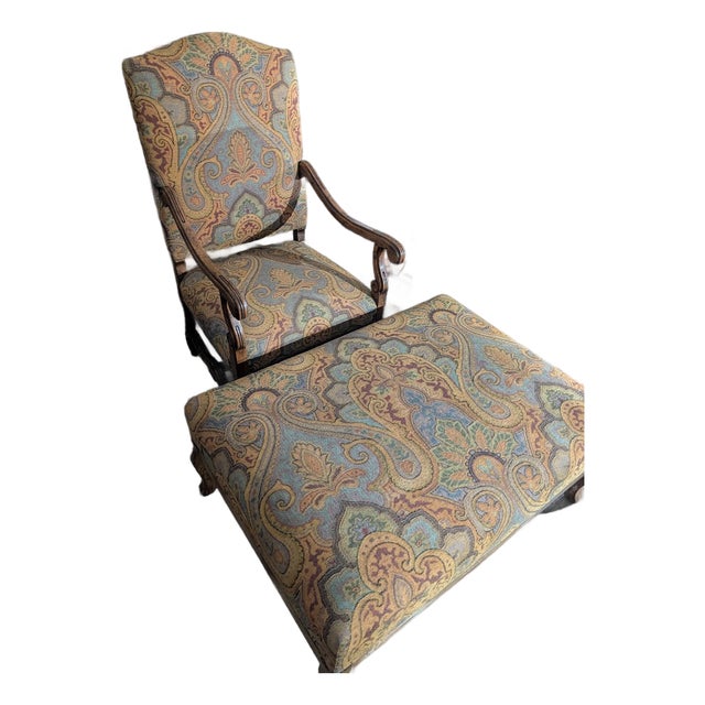 Vintage French Provincial Paisley Upholstered Armchair With Matching Ottoman For Sale