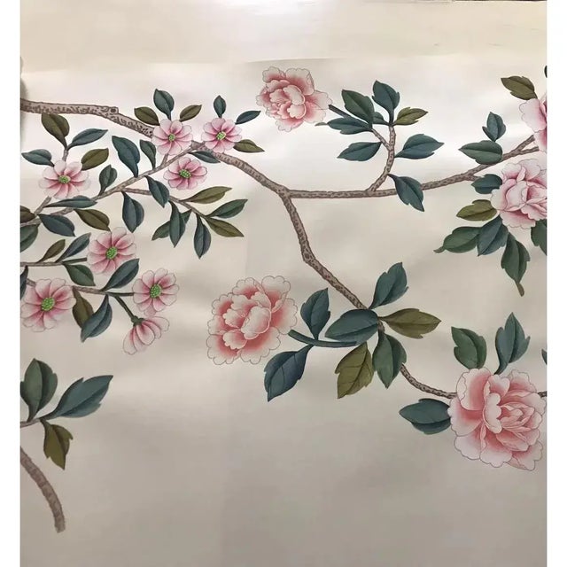 Pink Peony Chinoiserie Mural Hand Painted Wallpaper 36"w X 96" Panel For Sale - Image 4 of 10