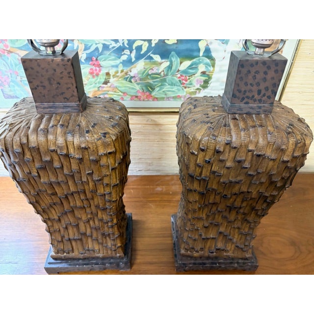 Brown Mid Century Asian Faux Bamboo Table Lamps For Sale - Image 8 of 12