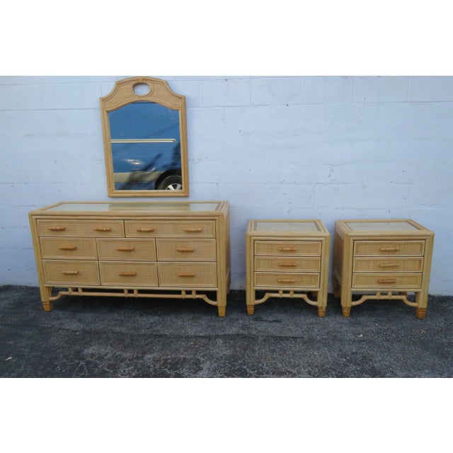 Hollywood Regency Faux Bamboo Caned Large Nightstands End Side Bedside Tables a Pair For Sale - Image 12 of 12