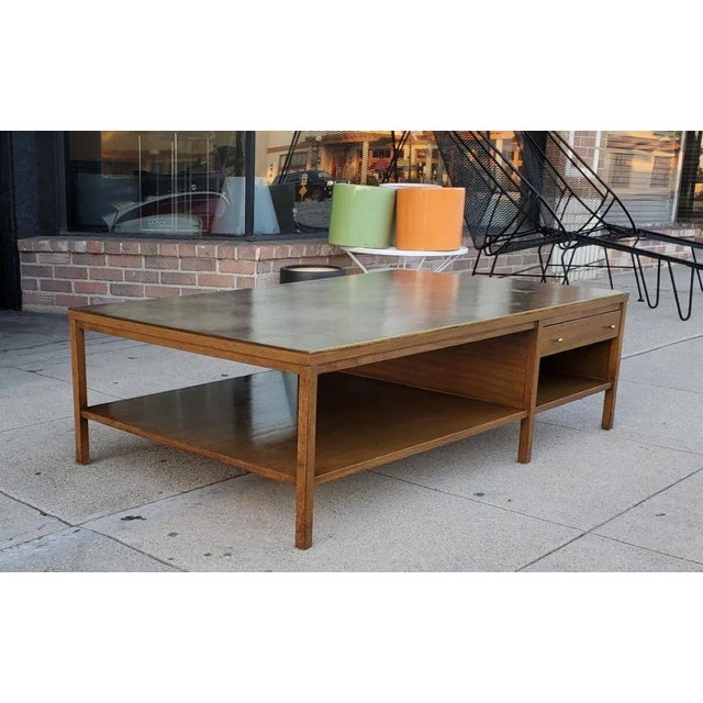 1950s Paul McCobb for Calvin Coffee Table Leather Top Philippine Mahogany Brass Trim For Sale - Image 9 of 13