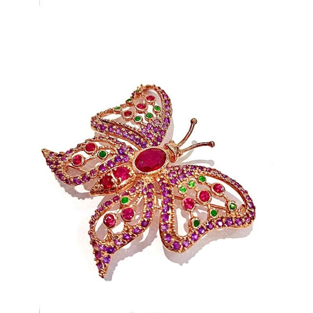 Early 21st Century Bochic "Orient" Vintage Ruby & Emerald Brooch  18K Gold over Silver For Sale - Image 5 of 6