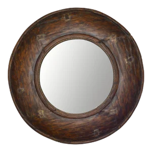 1990s Arts and Crafts Style Rustic Round Fiberglass Beveled Wall Mirror Bronze Brown Finish